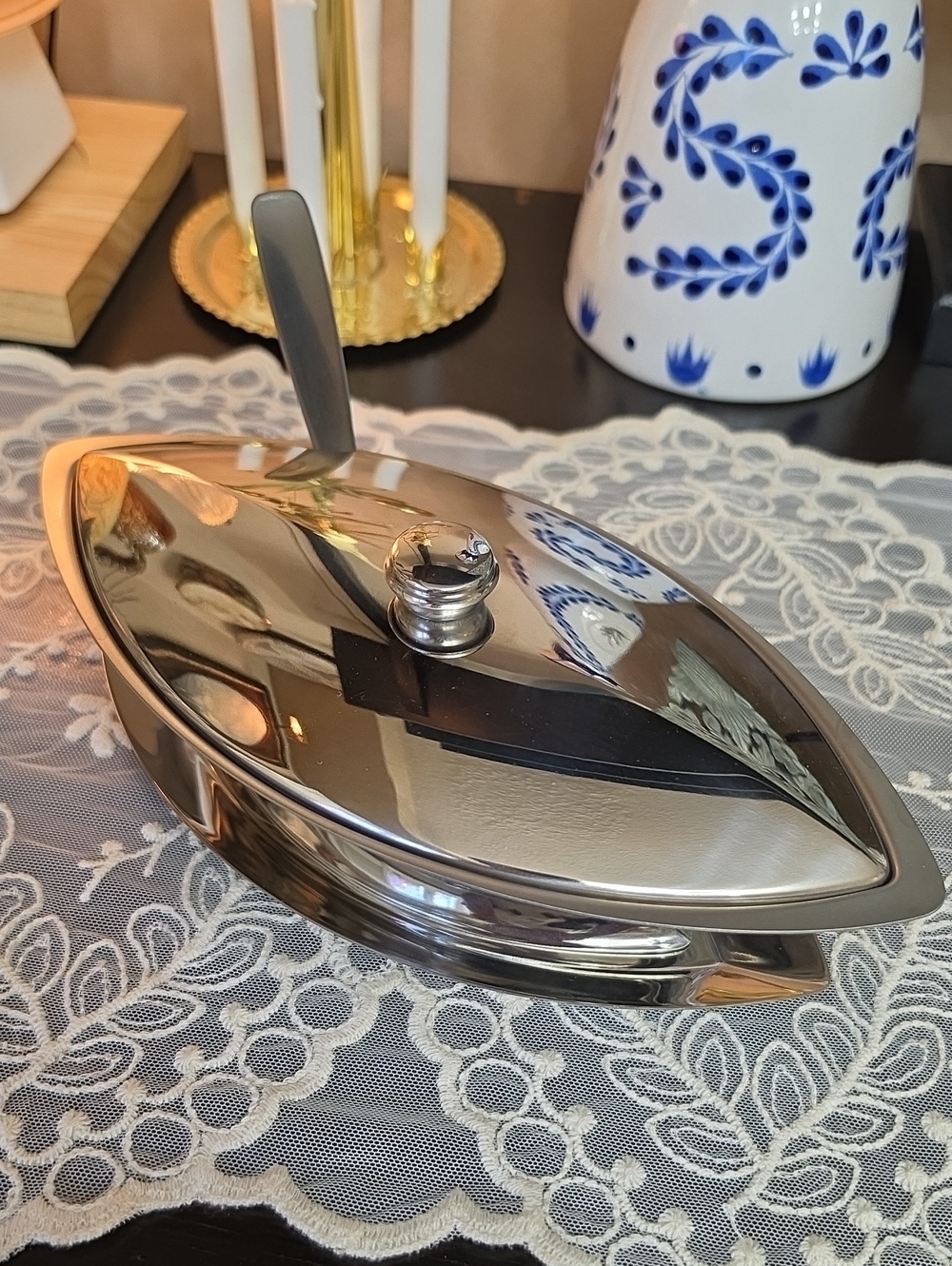 Stainless Steel Covered Serving Dish - Silver